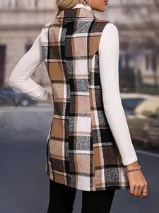 Back view of women's stylish plaid lapel vest jacket featuring brown and black checkered pattern