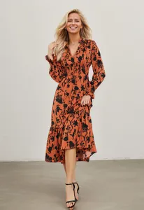 Elegantes V-Ausschnitt Midikleid mit Blumenmuster, langen Ärmeln und gesmokter Taille