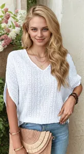 Close-up of elegant white V-neck blouse with eyelet pattern on model in outdoor setting