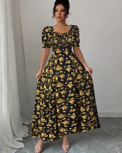 Elegant 2025 summer floral maxi dress with square neck and ruffle sleeves