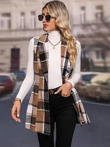 Detailed view of women's plaid lapel vest with button down front in urban street setting