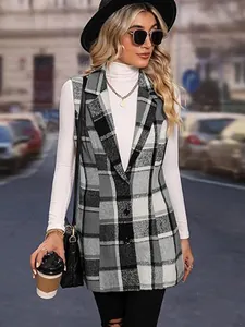 Chic street style view of a women's plaid lapel single-breasted suit vest coat