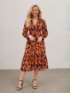Vestito Midi da Donna Elegante Scollo a V Vita a Punto Smock Stampa Floreale Manica Lunga Orlo con Volant Poliestere Vintage Boho