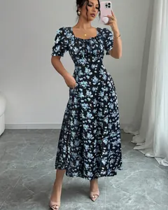 Elegant black floral dress with blue blossom print and chic square neck for summer