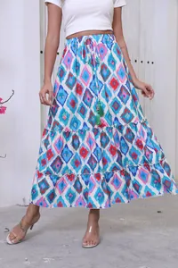 Detailed view of bohemian printed maxi skirt with layered tiers and tassel drawstring