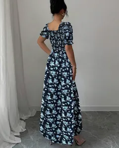 Elegant blue floral maxi dress with smocked back and puff sleeves, detailed back view