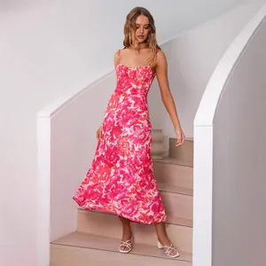Elegant French style pink floral camisole dress with thin straps and open back