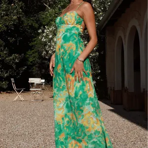 Elegant French style green floral maxi slip dress with backless design for summer vacations