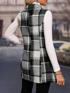 Back view of a classic grey plaid sleeveless suit vest for women in autumn winter