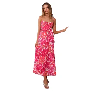French style floral maxi slip dress with thin straps and low-cut back for summer