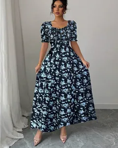Elegant dark blue floral puff sleeve maxi dress with square neck and bow for summer