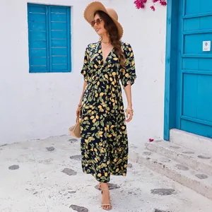 Boho Maxi-Kleid in Dunkelblau mit Zitronenprint und tiefem V-Ausschnitt Design