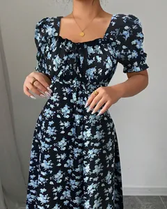 Detailed view of the elegant square neck floral dress with ruffled short sleeves