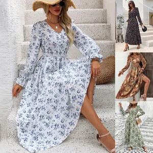 Women V Neck Long Sleeve Floral Print Maxi Dress Elegant Bohemian A-Line Flowy Long Dress Autumn Fashion Casual Party Vacation Dress For Women