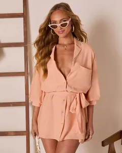 Chic peach solid color mini shirt dress featuring elegant waist tie and button detail