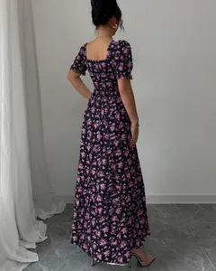 Rear view of an elegant floral maxi dress with a smocked back and puff sleeves detail.