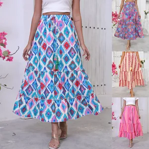 Women Bohemian Printed Tiered Maxi Skirt Vacation High Waist A-Line Long Skirt With Tassels Drawstring Beach Wear