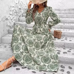 Bohemian vintage green baroque print V-neck long sleeve maxi dress for women's autumn style