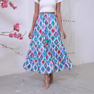 Bohemian printed maxi skirt with tiered design and drawstring waist for summer