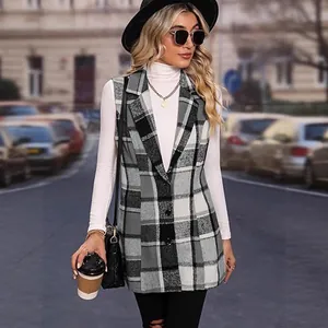 Women's plaid lapel waistcoat single-breasted long vest for autumn and winter streetwear.