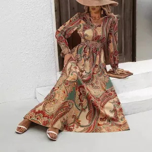 Bohemian style paisley print V-neck long sleeve maxi dress with smocked waist for autumn