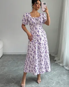 Elegant white short-sleeved midi dress featuring purple floral print and drawstring neckline