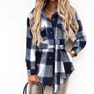 Eleganter blau-weißer karierter Wollmantel mit Taillengürtel für Damen Herbst Winter