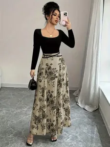 Elegant long sleeve maxi dress with square neck and vintage floral print skirt detail