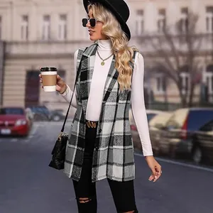 Chic plaid single-breasted lapel vest for women in a street style outdoor setting