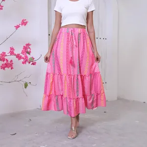Elegant bohemian pink printed tiered maxi skirt for women summer vacation beach wear