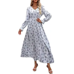 Elegant white V-neck long sleeve floral maxi dress with smocked waist for women