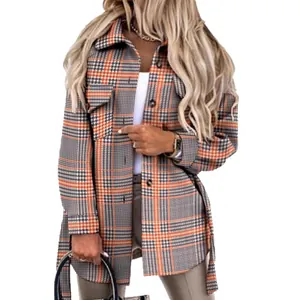 Modische Damen Karo-Hemdjacke aus Wollmischung mit Gürtel für Herbst und Winter
