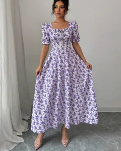 Elegant summer white floral midi dress featuring puff sleeves and square neckline detail