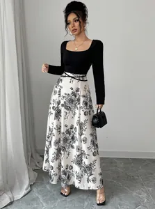 Elegant square neck long sleeve floral print patchwork maxi dress for women