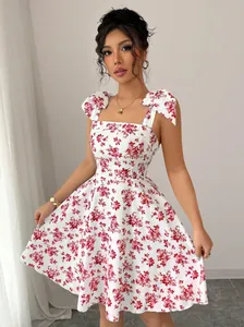 Detailed front view of a summer floral tie-shoulder dress with a square neckline