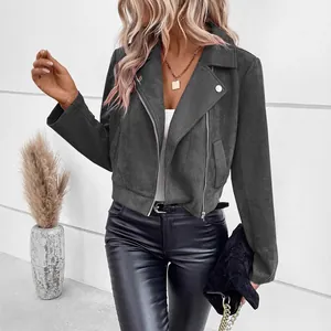 Stilvolle dunkelgraue Wildlederimitat Bikerjacke für Damen mit Reißverschluss für Herbst