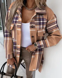 Modische braun-weiß karierte Wolljacke mit Taillengürtel für Damen im Herbst/Winter