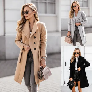 Women Double Breasted Woolen Coat With Belt Slim Fit Lapel Collar Mid Length Jacket For Autumn Winter Elegant Outerwear