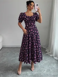 Elegant purple floral puff sleeve maxi dress with square neck and lace-up front detail