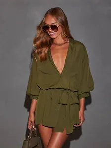 Elegant chic olive green long sleeve belted mini shirt dress for women's autumn fashion