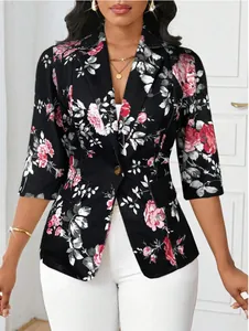Modieuze damesblazer met bloemenprint, 3/4-mouwen en een stijlvolle getailleerde pasvorm