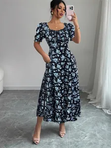 Elegant summer floral print short sleeve midi dress with square neck and ruffle detailing