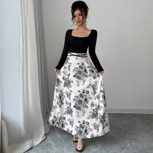 Elegant black square neck long sleeve maxi dress with vintage floral print skirt