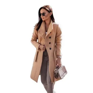 Elegant double-breasted camel wool pea coat with belt for women autumn fashion