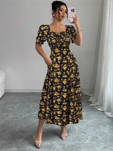 Elegant black floral midi dress with square neckline and ruffle sleeves for summer party