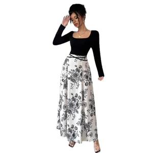 Elegant square neck long sleeve dress featuring floral print skirt and waist tie
