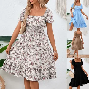 Vestito a Trapezio da Donna con Scollo Quadrato e Maniche a Sbuffo con Volant Vita Alta Elasticizzata Tinta Unita Floreale