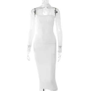 Sexy white mesh long sleeve midi dress with corset bodice on transparent mannequin