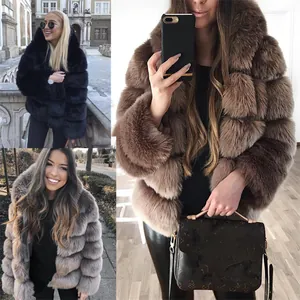 Vrouwen Elegante Jas van Nepbont met Capuchon Dikke Warme Horizontaal Gestreepte Splicing Jas Herfst Winter Pluche Bovenkleding