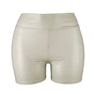 Front view of almond high-waisted PU leather shorts for women with visible stitching